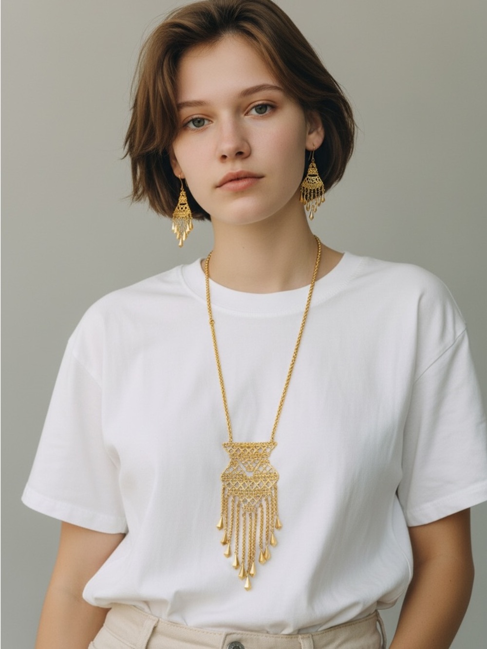 Stella & Dot Gold-Tone Fringe Statement Necklace and Earrings Set